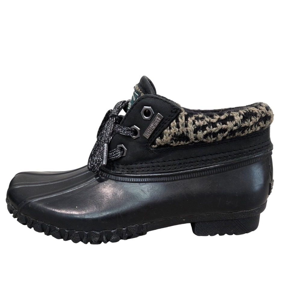 G.H. Bass Men 6M Youth 6Y Black Waterproof Duck Boots Leather Ankle Houndstooth